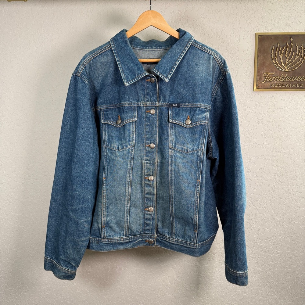 IZOD Jeans Woman Blue Denim Trucker Jacket Medium Wash Button Front Classic L - Picture 2 of 8